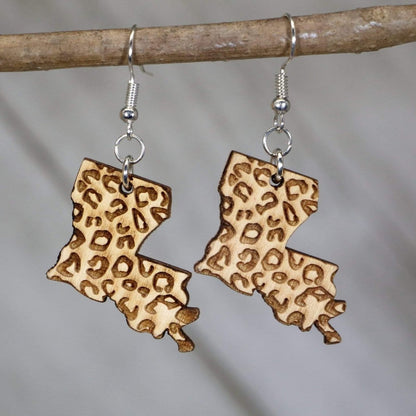 Hand-painted wooden Louisiana state cheetah print dangle earrings with bold animal print design and hypoallergenic sterling silver hooks, lightweight Louisiana statement jewelry earrings for southern style and state pride