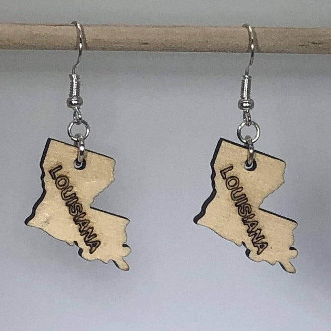 Hand-painted wooden Louisiana state dangle earrings with bold state outline design and hypoallergenic sterling silver hooks, lightweight Louisiana statement jewelry earrings for state pride and southern style
