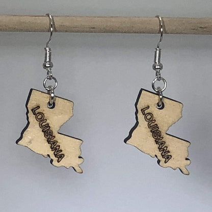 Hand-painted wooden Louisiana state dangle earrings with bold state outline design and hypoallergenic sterling silver hooks, lightweight Louisiana statement jewelry earrings for state pride and southern style