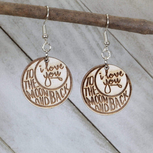 Hand-painted wooden Love You to the Moon dangle earrings with romantic celestial design and hypoallergenic sterling silver hooks, lightweight moon statement jewelry earrings for meaningful gift giving and dreamy style
