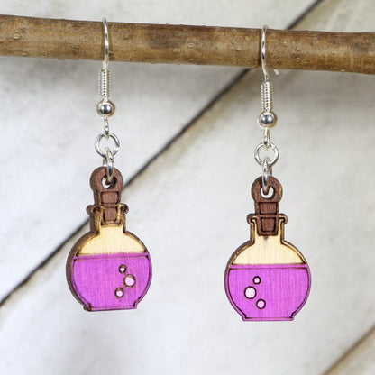 Hand-painted wooden mad scientist potion bottle dangle earrings with fantasy lab design and hypoallergenic sterling silver hooks, lightweight potion statement jewelry earrings for science geeks and fantasy lovers