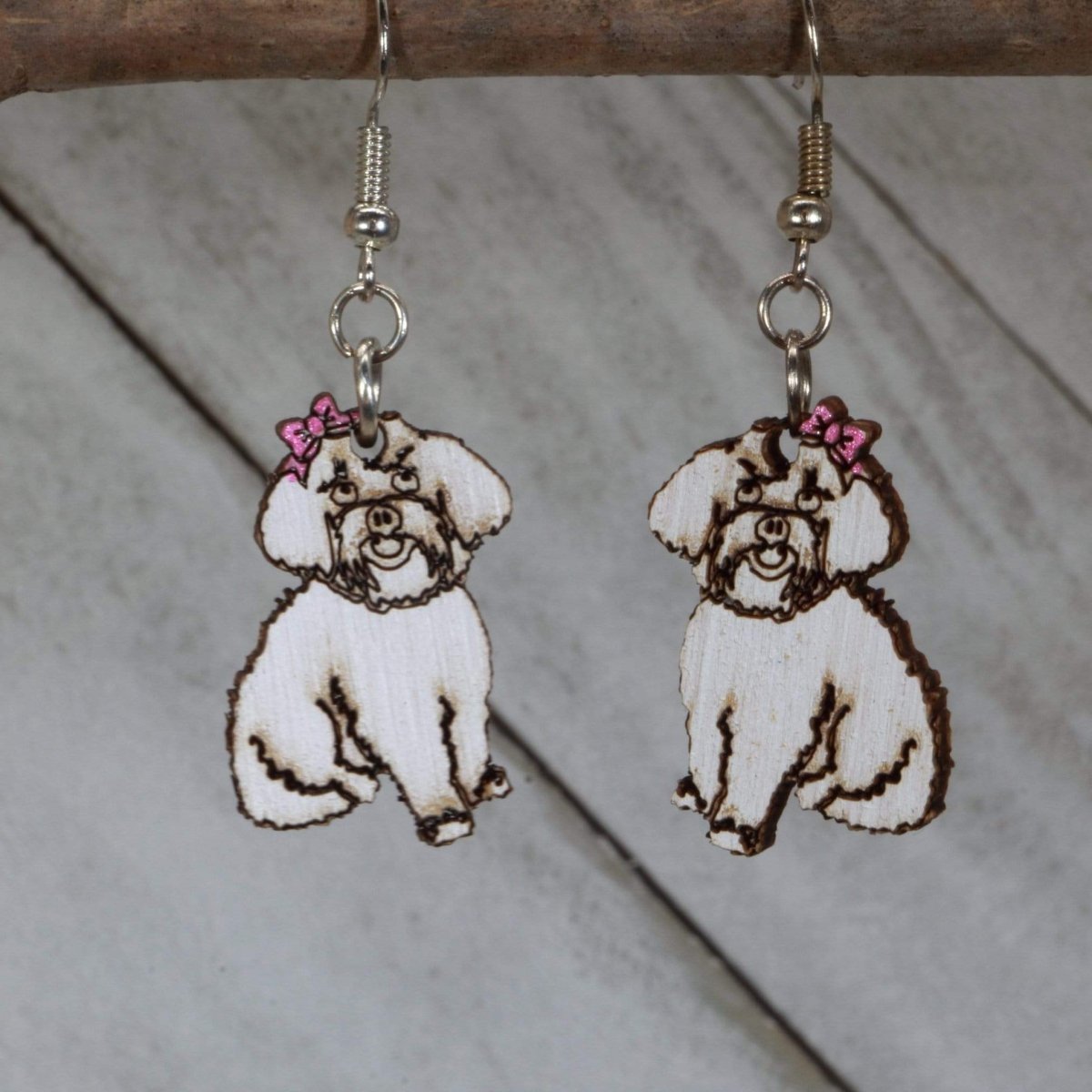 Hand-painted wooden Maltipoo dangle earrings with cute dog design and hypoallergenic sterling silver hooks, lightweight Maltipoo statement jewelry earrings for pet lovers