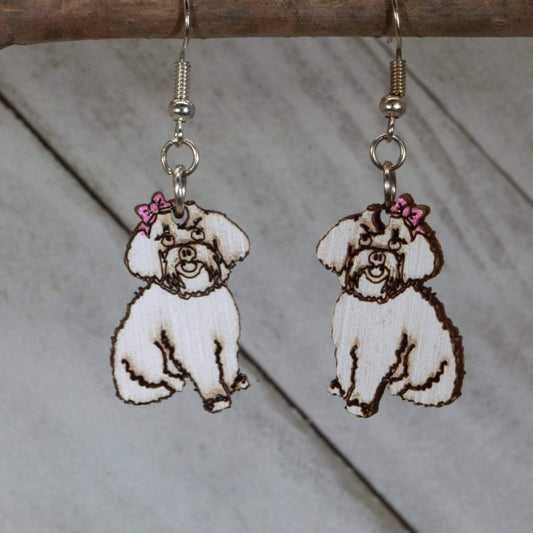 Hand-painted wooden Maltipoo dangle earrings with cute dog design and hypoallergenic sterling silver hooks, lightweight Maltipoo statement jewelry earrings for pet lovers