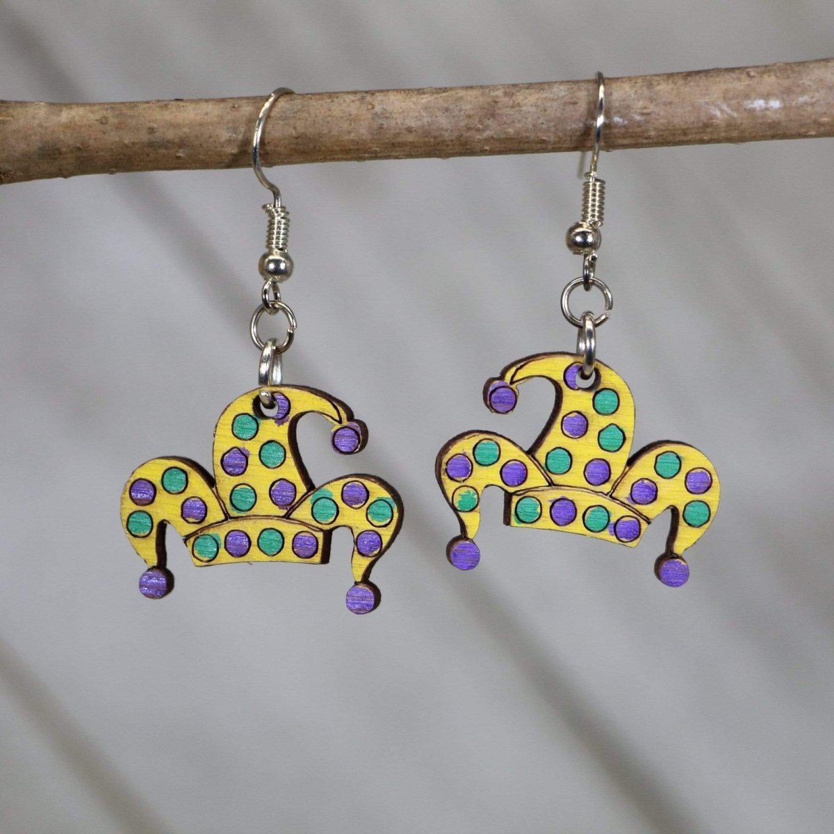 Hand-painted wooden Mardi Gras jester hat dangle earrings with colorful New Orleans carnival design and hypoallergenic sterling silver hooks, lightweight Mardi Gras statement jewelry earrings for festive party style