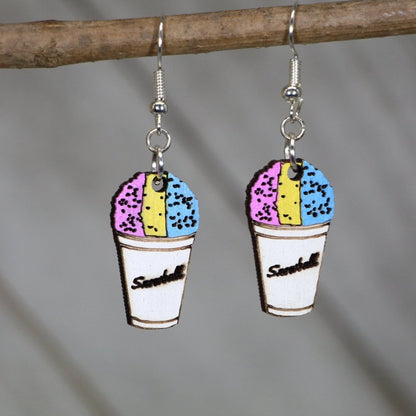 Hand-painted wooden Mardi Gras snowball dangle earrings with New Orleans dessert design and hypoallergenic sterling silver hooks, lightweight snowball statement jewelry earrings for festival fun and Louisiana style