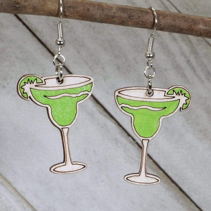 Hand-painted wooden margarita with lime dangle earrings with cocktail glass design and hypoallergenic sterling silver hooks, lightweight margarita statement jewelry earrings for party and beach lovers 
