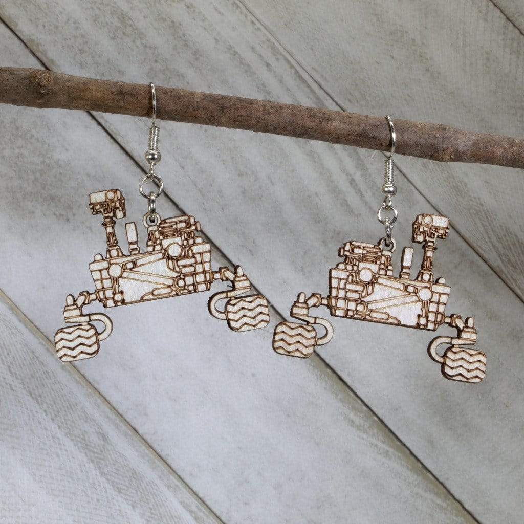 Hand-painted wooden Mars Perseverance rover dangle earrings with NASA space exploration design and hypoallergenic sterling silver hooks, lightweight rover statement jewelry earrings for science lovers and space enthusiasts