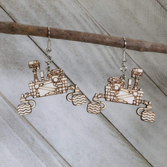 Hand-painted wooden Mars Perseverance rover dangle earrings with NASA space exploration design and hypoallergenic sterling silver hooks, lightweight rover statement jewelry earrings for science lovers and space enthusiasts