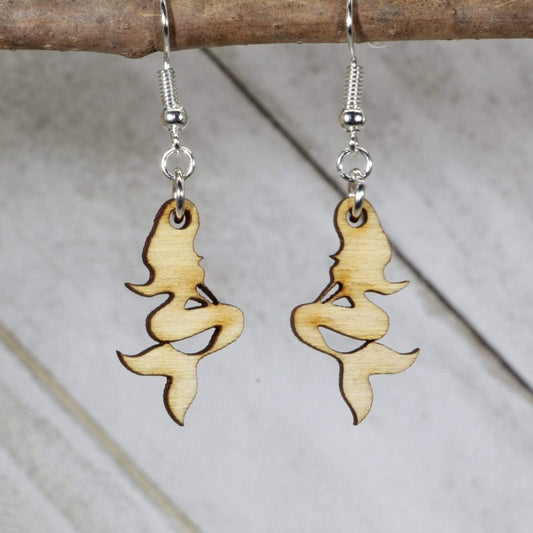 Hand-painted wooden mermaid dangle earrings with ocean fantasy design and hypoallergenic sterling silver hooks, lightweight mermaid statement jewelry earrings for beach lovers and magical style 