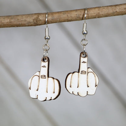 Hand-painted wooden middle finger dangle earrings with bold rude gesture design and hypoallergenic sterling silver hooks, lightweight funny statement jewelry earrings for edgy humor style