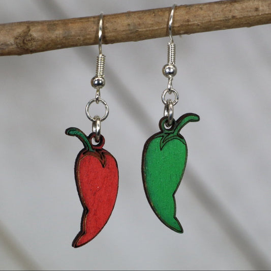 Hand-painted wooden mismatched chili pepper dangle earrings with spicy food design and hypoallergenic sterling silver hooks, lightweight chili pepper statement jewelry earrings for food lovers and bold style