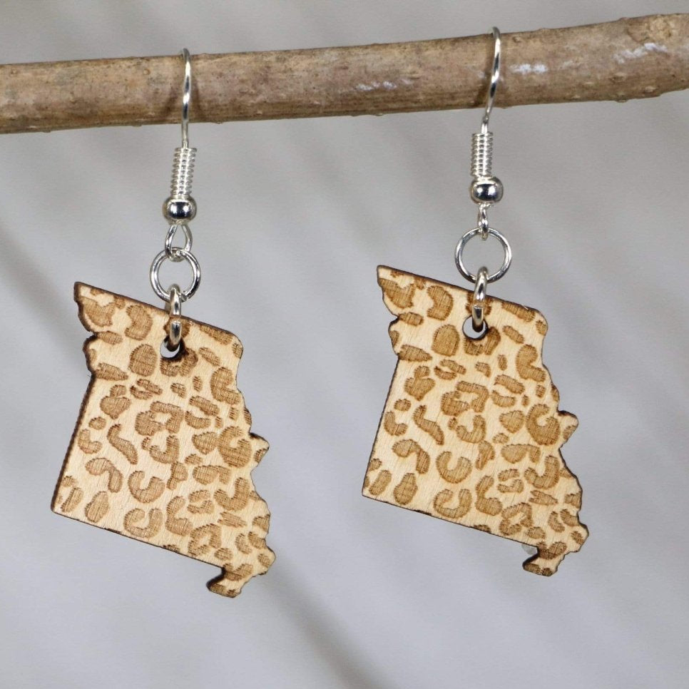 Hand-painted wooden Missouri state cheetah print dangle earrings with bold animal print design and hypoallergenic sterling silver hooks, lightweight Missouri statement jewelry earrings for southern style and state pride