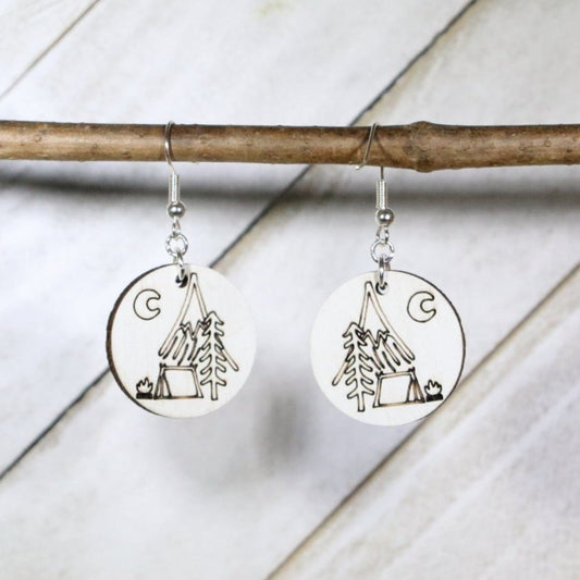 Hand-painted wooden moonlit camp dangle earrings with nighttime camping scene design and hypoallergenic sterling silver hooks, nature lover statement jewelry for campers and outdoor adventure fans