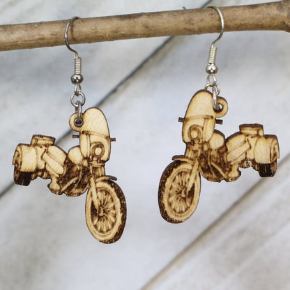 Hand-painted wooden motorcycle trike dangle earrings with vintage biker design and hypoallergenic sterling silver hooks, retro rider statement jewelry for motorcycle lovers