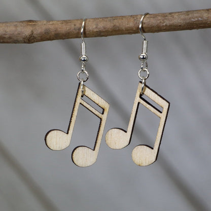 Hand-painted wooden music note dangle earrings with classic note symbol design and hypoallergenic sterling silver hooks, lightweight music statement jewelry earrings for musicians and music lovers