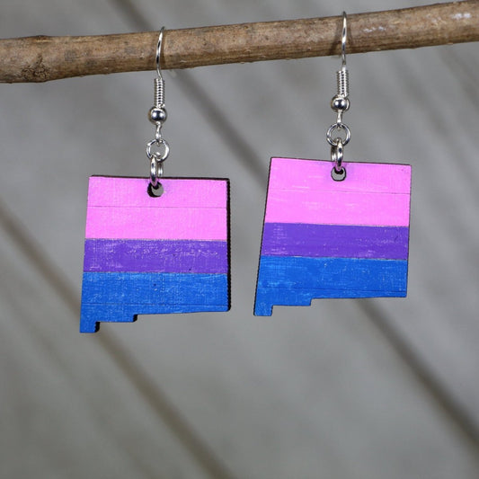 Hand-painted wooden New Mexico bisexual pride dangle earrings with bi flag inspired state design and hypoallergenic sterling silver hooks, lightweight LGBTQ statement jewelry earrings for New Mexico pride and inclusive style