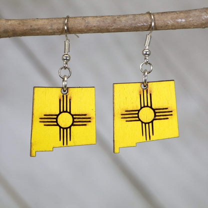 Hand-painted wooden New Mexico Zia symbol dangle earrings with iconic state sun design and hypoallergenic sterling silver hooks, lightweight Zia statement jewelry earrings for New Mexico pride and southwestern style