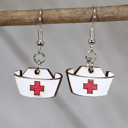 Hand-painted wooden nurse hat dangle earrings with classic medical design and hypoallergenic sterling silver hooks, lightweight nurse statement jewelry earrings for healthcare workers and nursing school gifts 