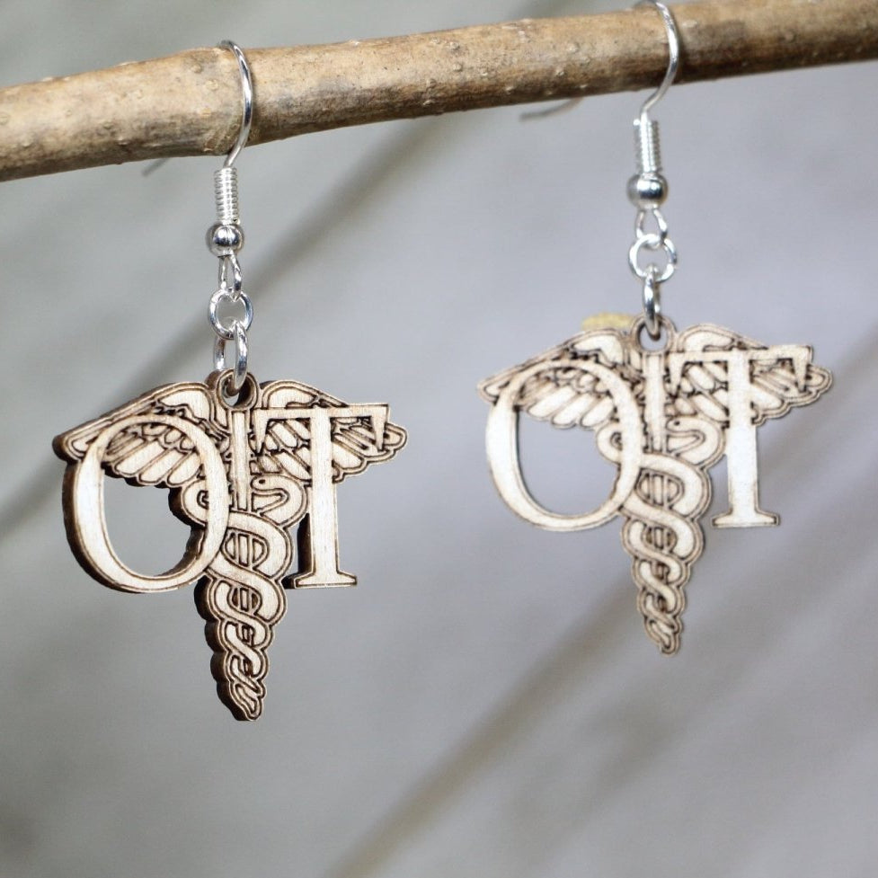 Hand-painted wooden occupational therapist dangle earrings with OT therapy inspired design and hypoallergenic sterling silver hooks, lightweight healthcare statement jewelry earrings for therapists, graduates, and medical professionals