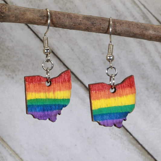 Hand-painted wooden Ohio pride dangle earrings with rainbow state design and hypoallergenic sterling silver hooks, lightweight LGBTQ statement jewelry earrings for Ohio pride and inclusive style