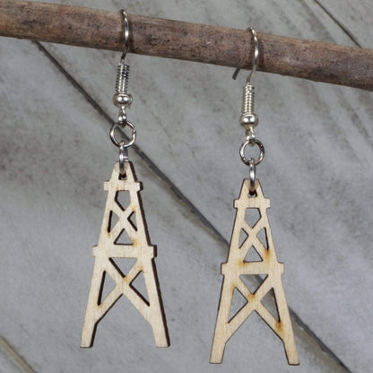 Hand-painted wooden oil derrick dangle earrings with industrial oilfield design and hypoallergenic sterling silver hooks, lightweight oil rig statement jewelry earrings for energy workers and Texas style