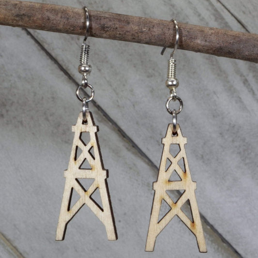 Hand-painted wooden oil derrick dangle earrings with industrial oilfield design and hypoallergenic sterling silver hooks, lightweight oil rig statement jewelry earrings for energy workers and Texas style