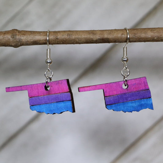 Hand-painted wooden Oklahoma bi pride dangle earrings with bisexual pride inspired state design and hypoallergenic sterling silver hooks, lightweight LGBTQ statement jewelry earrings for Oklahoma pride and inclusive style