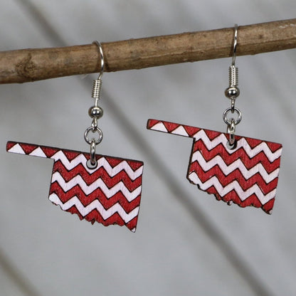 Hand-painted wooden Oklahoma chevron dangle earrings with bold red white state design and hypoallergenic sterling silver hooks, lightweight Oklahoma statement jewelry earrings for patriotic pride and southern style