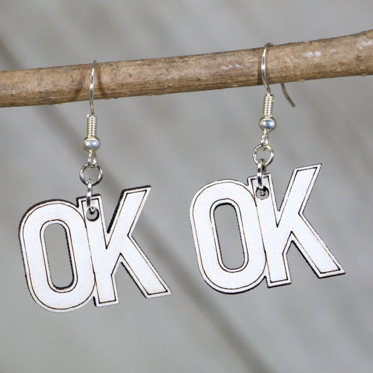 Hand-painted wooden Oklahoma state dangle earrings with bold OK outline design and hypoallergenic sterling silver hooks, lightweight Oklahoma statement jewelry earrings for state pride and southern style