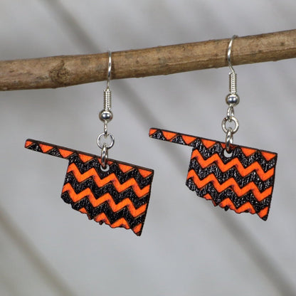 Hand-painted wooden Oklahoma orange black chevron dangle earrings with bold geometric state-inspired design and hypoallergenic sterling silver hooks, lightweight statement jewelry earrings for Oklahoma pride and game day style