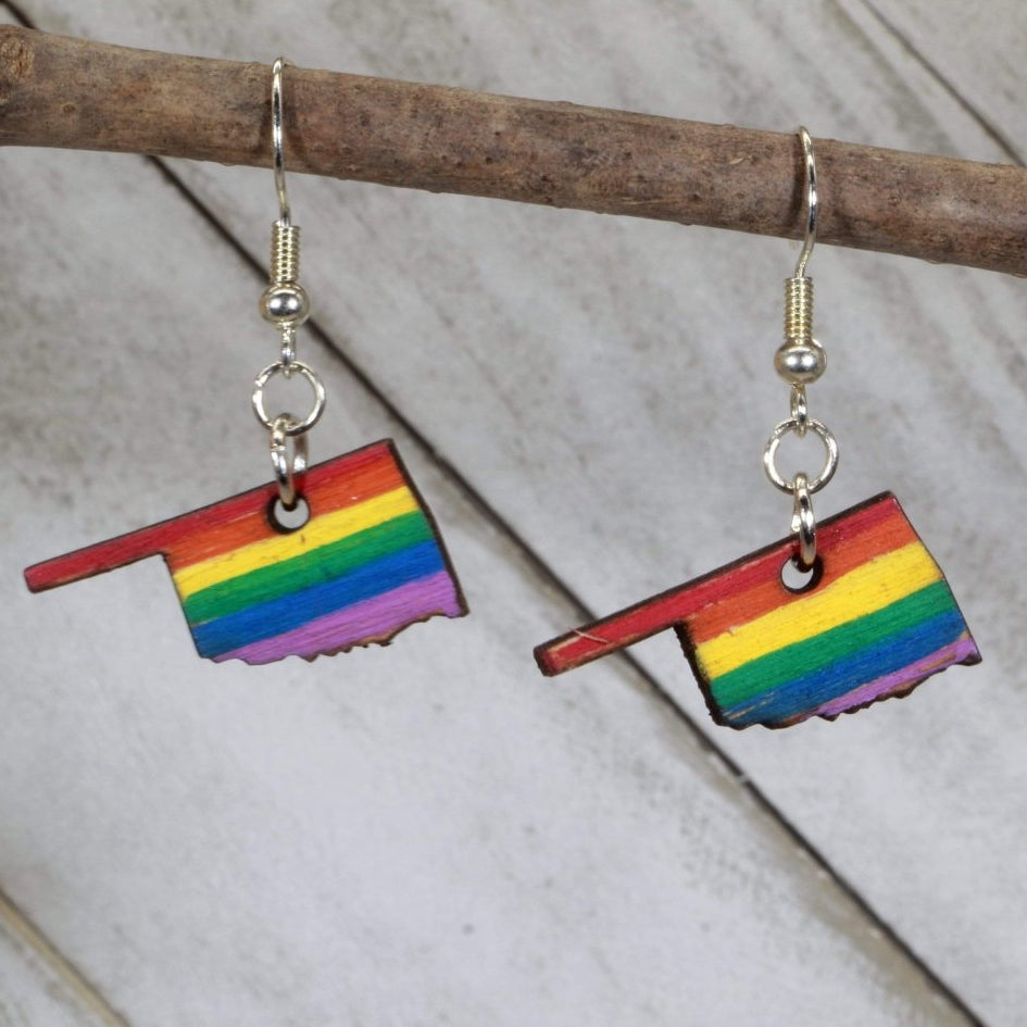 Hand-painted wooden Oklahoma pride dangle earrings with LGBTQ rainbow state design and hypoallergenic sterling silver hooks, lightweight Oklahoma statement jewelry earrings for pride and inclusive southern style 