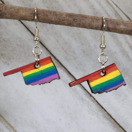 Hand-painted wooden Oklahoma pride dangle earrings with LGBTQ rainbow state design and hypoallergenic sterling silver hooks, lightweight Oklahoma statement jewelry earrings for pride and inclusive southern style 