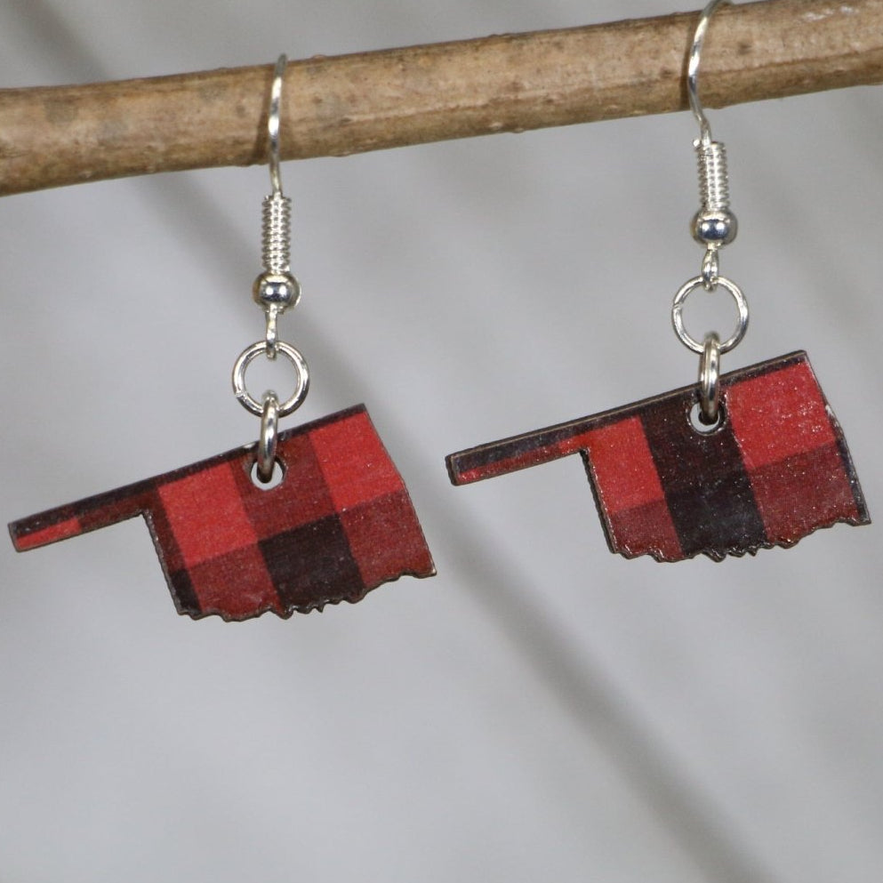 Hand-painted wooden Oklahoma state buffalo plaid dangle earrings with rustic checkered design and hypoallergenic sterling silver hooks, lightweight Oklahoma statement jewelry earrings for cozy western style and state pride