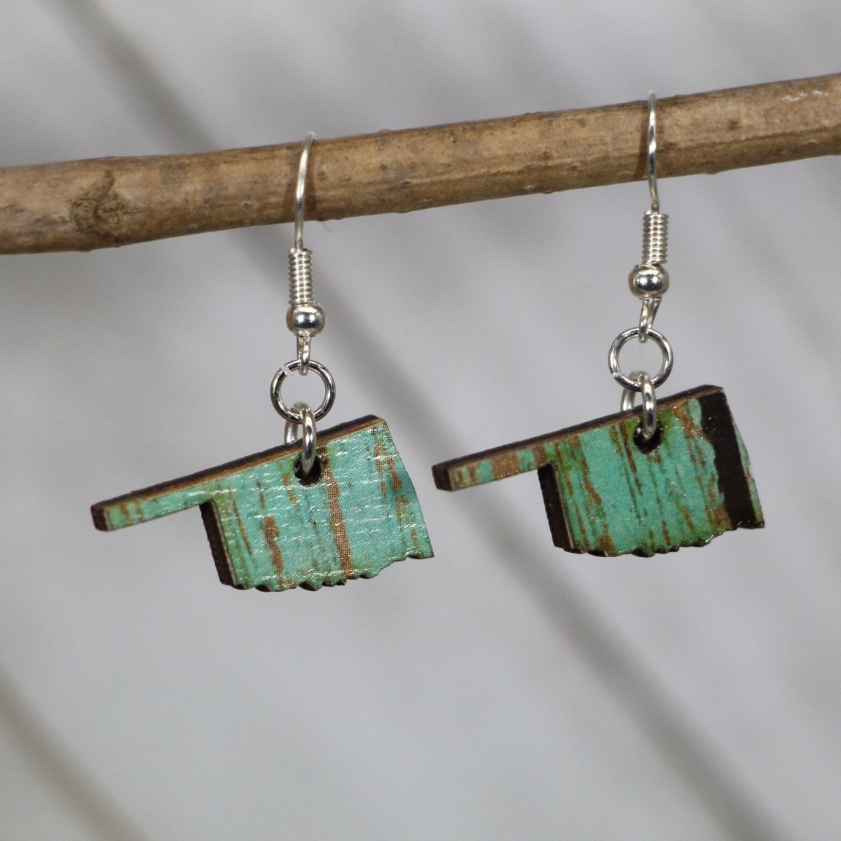 Hand-painted wooden Oklahoma state turquoise woodgrain dangle earrings with rustic western design and hypoallergenic sterling silver hooks, lightweight Oklahoma statement jewelry earrings for boho style and state pride