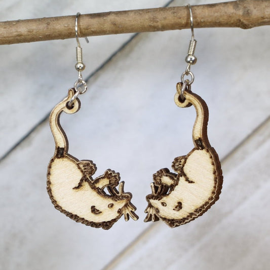 Hand-painted wooden opossum dangle earrings with cute woodland animal design and hypoallergenic sterling silver hooks, quirky nature lover statement jewelry earrings

