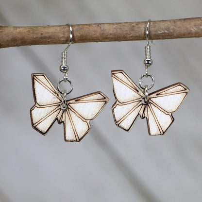 Hand-painted wooden origami butterfly dangle earrings with minimalist geometric design and hypoallergenic sterling silver hooks, lightweight butterfly statement jewelry earrings for modern nature style