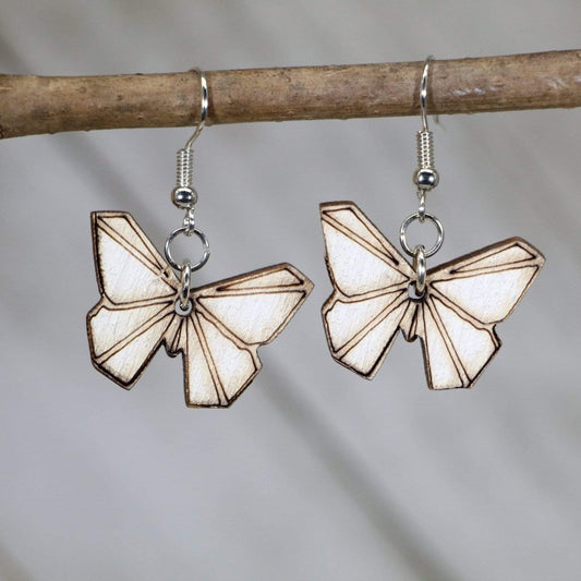 Hand-painted wooden origami butterfly dangle earrings with minimalist geometric design and hypoallergenic sterling silver hooks, lightweight butterfly statement jewelry earrings for modern nature style