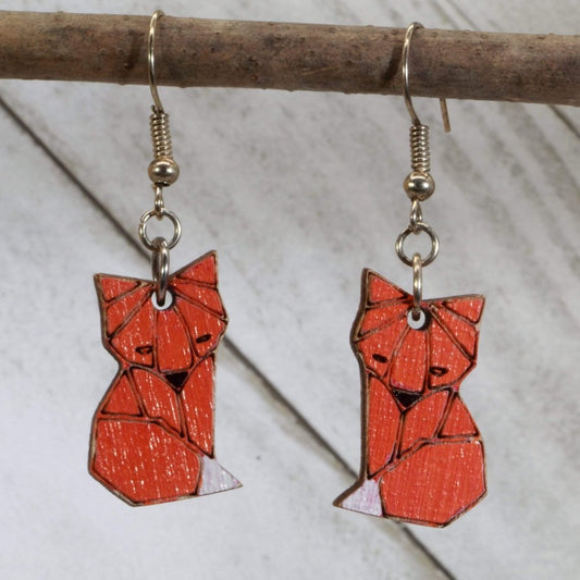 Hand-painted wooden origami fox dangle earrings with geometric animal design and hypoallergenic sterling silver hooks, lightweight fox statement jewelry earrings for modern nature lovers