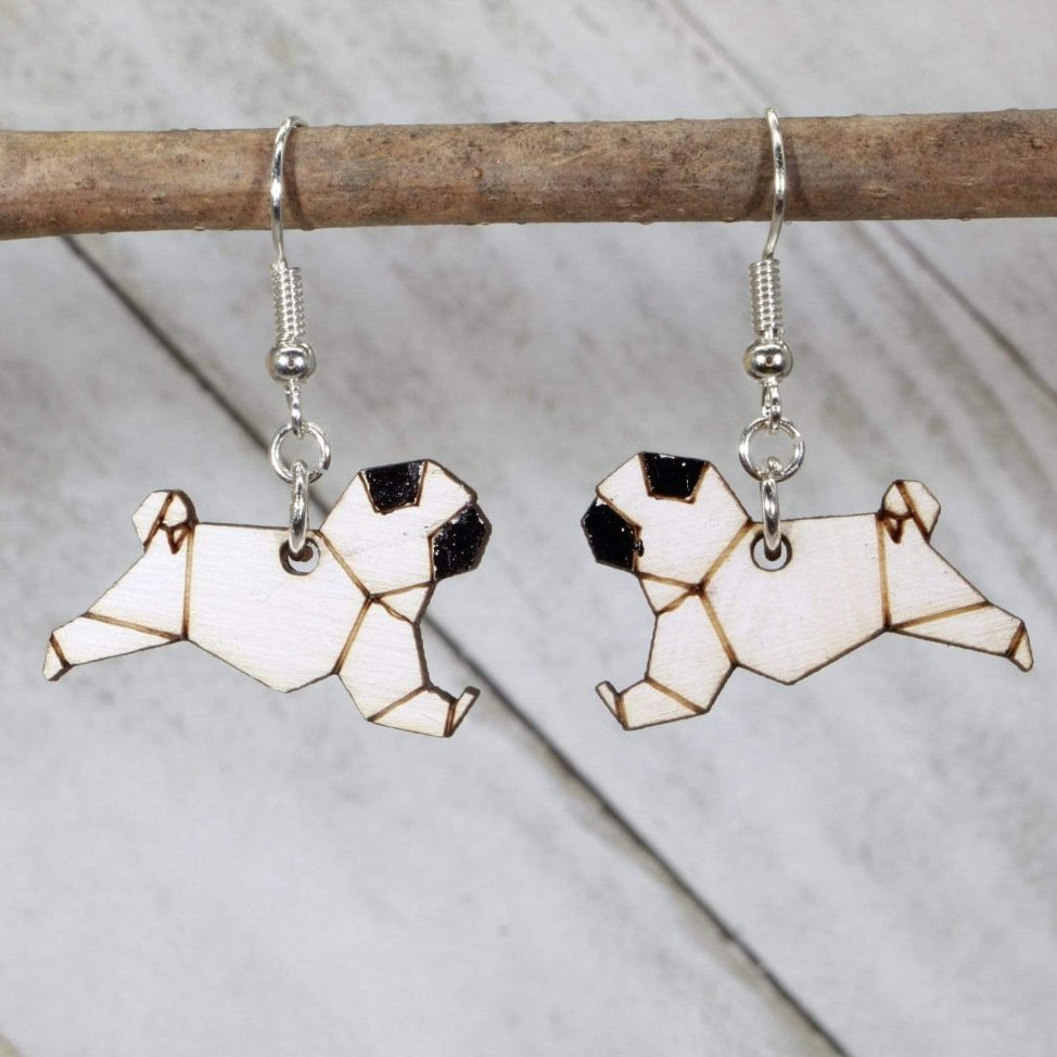 Hand-painted wooden origami pug dangle earrings with geometric dog design and hypoallergenic sterling silver hooks, lightweight pug statement jewelry earrings for dog lovers and pet fans 