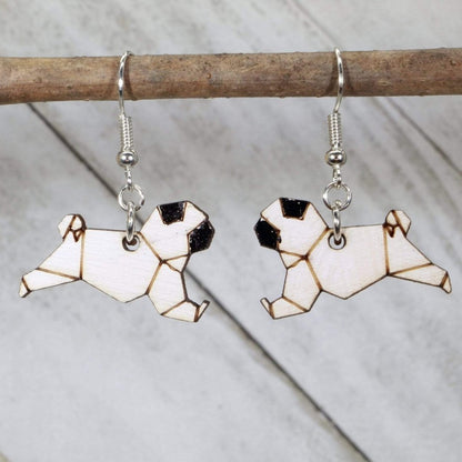 Hand-painted wooden origami pug dangle earrings with geometric dog design and hypoallergenic sterling silver hooks, lightweight pug statement jewelry earrings for dog lovers and pet fans 