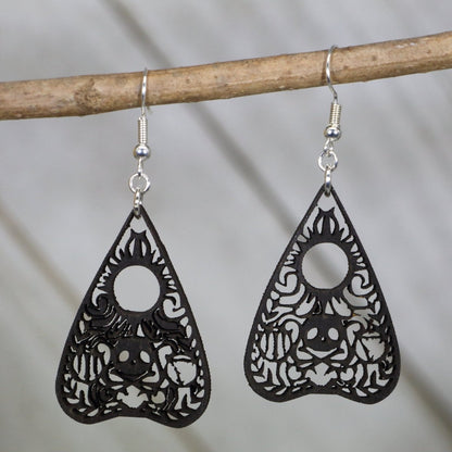 Hand-painted wooden Ouija planchette dangle earrings with spooky occult design and hypoallergenic sterling silver hooks, lightweight gothic statement jewelry earrings for witchy and paranormal style