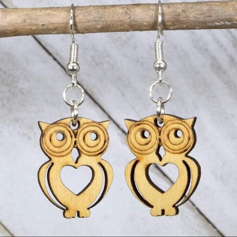 Hand-painted wooden owl heart dangle earrings with cute animal love design and hypoallergenic sterling silver hooks, lightweight owl statement jewelry earrings for nature lovers and romantic style