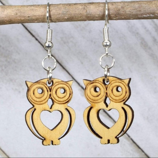Hand-painted wooden owl heart dangle earrings with cute animal love design and hypoallergenic sterling silver hooks, lightweight owl statement jewelry earrings for nature lovers and romantic style