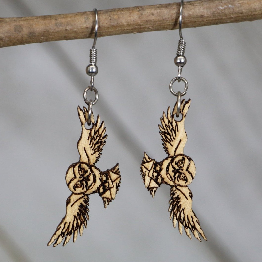 Hand-painted wooden owl with letter dangle earrings with whimsical fantasy bird design and hypoallergenic sterling silver hooks, lightweight owl statement jewelry earrings for magical and book lover style