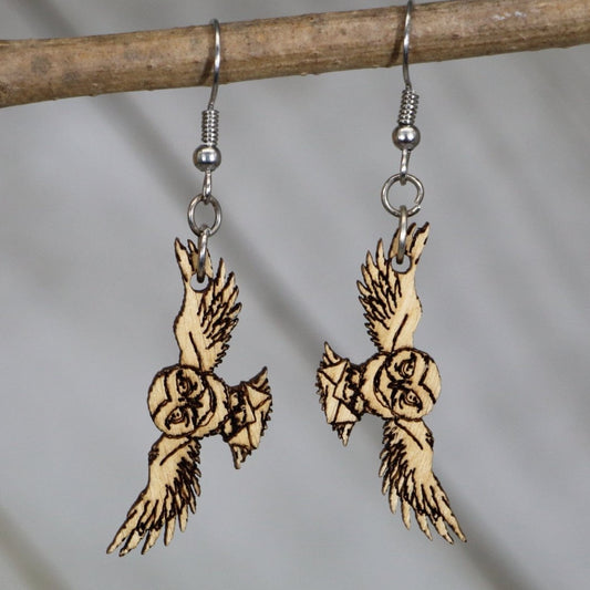 Hand-painted wooden owl with letter dangle earrings with whimsical fantasy bird design and hypoallergenic sterling silver hooks, lightweight owl statement jewelry earrings for magical and book lover style