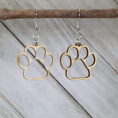 Hand-painted wooden paw print cutout dangle earrings with pet lover design and hypoallergenic sterling silver hooks, lightweight paw print statement jewelry earrings for dog lovers