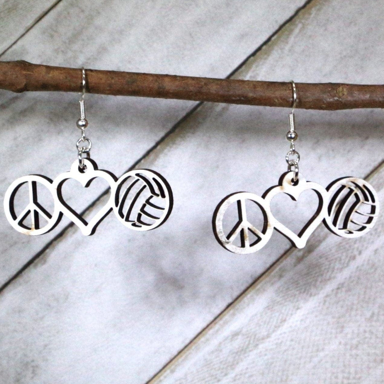 Hand-painted wooden peace love volleyball dangle earrings with heart and volleyball design and hypoallergenic sterling silver hooks, lightweight sports jewelry gift for volleyball moms, players, and fans
