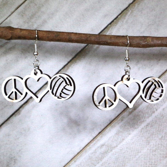 Hand-painted wooden peace love volleyball dangle earrings with heart and volleyball design and hypoallergenic sterling silver hooks, lightweight sports jewelry gift for volleyball moms, players, and fans