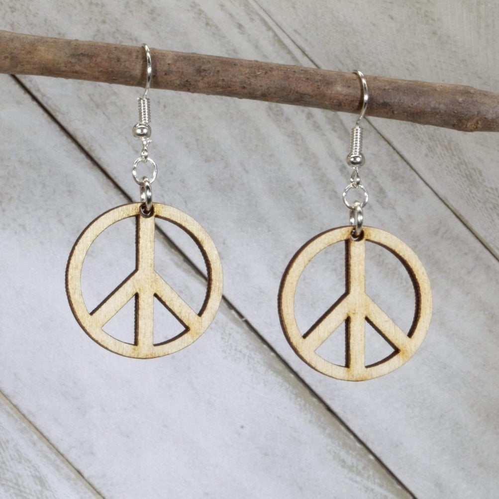 Hand-painted wooden peace symbol dangle earrings with retro boho hippie design and hypoallergenic sterling silver hooks, lightweight peace statement jewelry earrings for festival fashion and free-spirited style