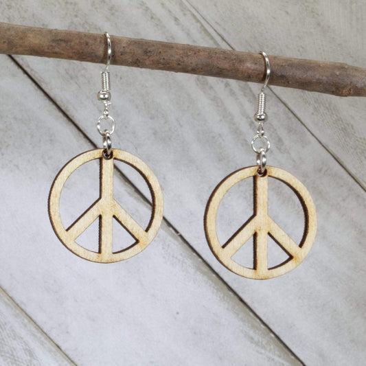 Hand-painted wooden peace symbol dangle earrings with retro boho hippie design and hypoallergenic sterling silver hooks, lightweight peace statement jewelry earrings for festival fashion and free-spirited style